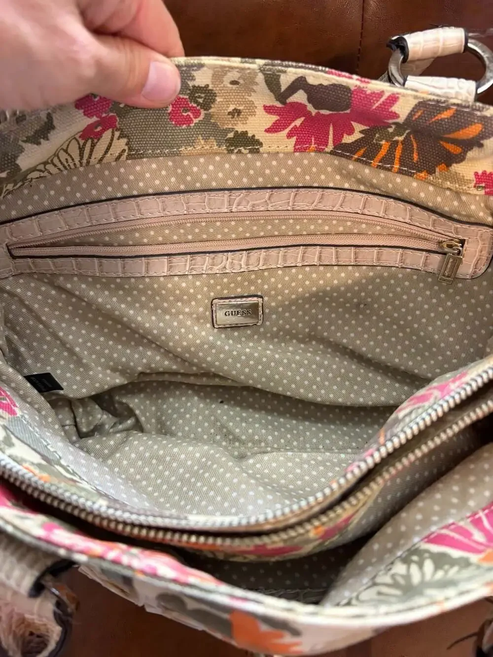 Guess Shoulder Handbag Purse Mother of Pearl Beading Flowers Canvas